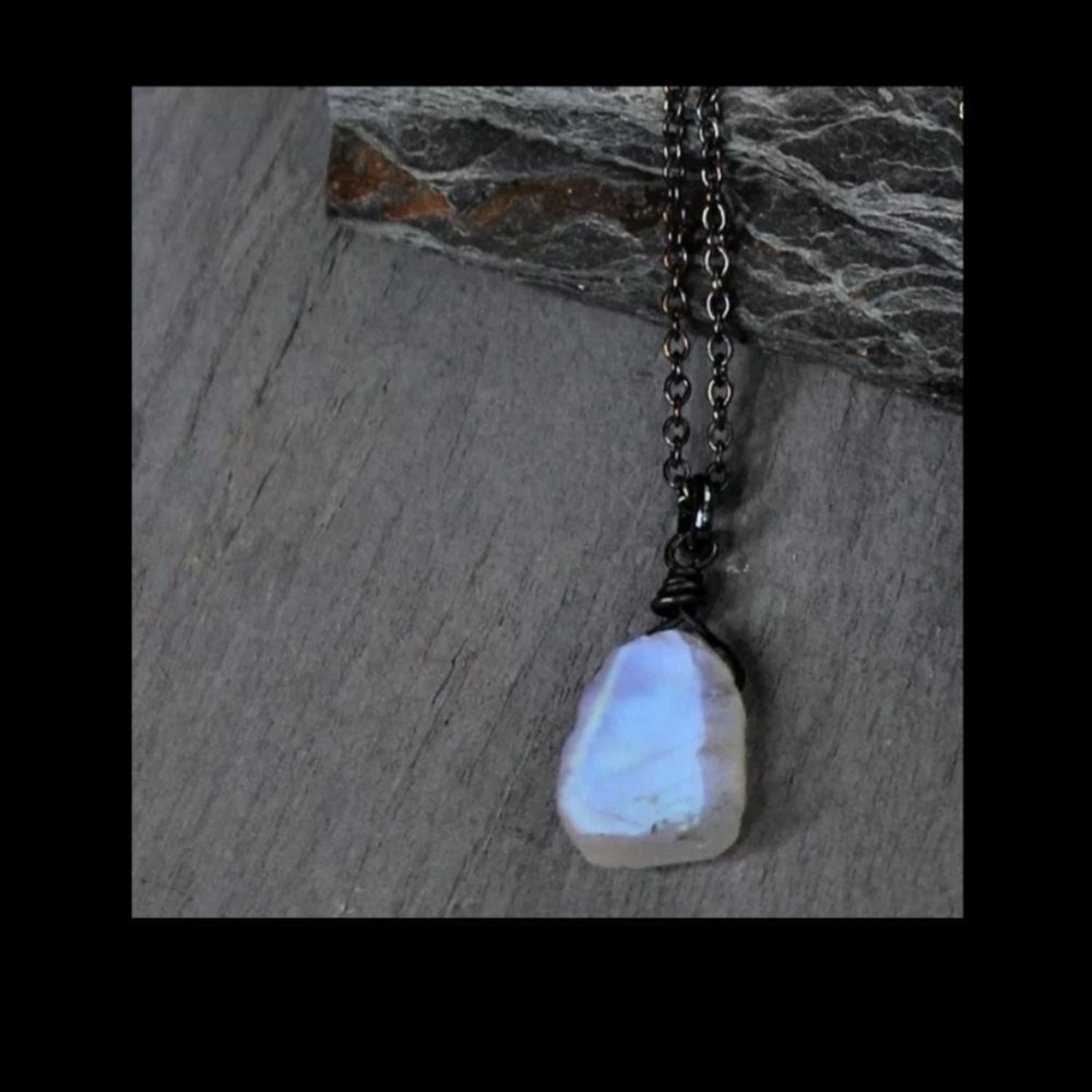 Black titanium chain and natural raw moonstone boho vintage style necklace new